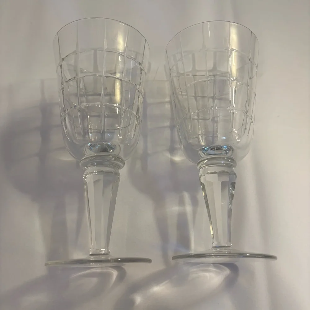 Vintage Crystal Clear Faceted Wine Goblets Glasses - Set of 2
